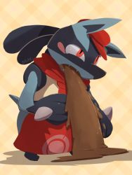Rule 34 | 1boy, animal ears, animal hands, apron, artist name, black fur, blue fur, blush, blush stickers, boke-chan, cabbie hat, creatures (company), fangs, full body, furry, furry male, game freak, gen 4 pokemon, hat, looking up, lucario, male focus, multicolored fur, neckerchief, nintendo, official style, open mouth, orange background, parody, plaid, plaid background, pokemon, pokemon (creature), pokemon cafe remix, red apron, red eyes, red hat, red neckerchief, rolling eyes, signature, simple background, snout, solo, spikes, squatting, standing, sweat, tail, tears, twitter username, vomit, vomiting, waist apron, wolf boy, wolf ears, wolf tail, yellow fur