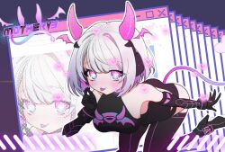 Rule 34 | 1girl, aqua eyes, black bodysuit, bob cut, bodysuit, breasts, clothing cutout, cpo12234412, detached horns, gradient hair, gradient horns, hair intakes, headphones, high heels, highres, hip vent, holographic horns, horns, indie virtual youtuber, looking at viewer, mechanical arms, medium breasts, medium hair, motherv3, multicolored eyes, multicolored hair, multicolored horns, neon trim, pink horns, purple eyes, purple horns, solo, tail, tail through clothes, tongue, tongue out, two-tone eyes, virtual youtuber