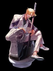 Rule 34 | 1boy, blonde hair, cigarette, collared shirt, formal, jacket, jacket on shoulders, male focus, necktie, one piece, ram, sanji (one piece), sheath, sheathed, shirt, shoes, sitting, solo, statue, suit, sword, waistcoat, weapon, white footwear, white suit