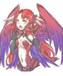 Rule 34 | 1girl, armor, bad id, bad pixiv id, bikini armor, black gloves, breasts, cleavage, dark minerva (p&amp;d), elbow gloves, feathered wings, gauntlets, gloves, hair ornament, head wings, long hair, medium breasts, midriff, minerva (p&amp;d), mo (k40633), multicolored wings, navel, open mouth, pauldrons, purple wings, puzzle &amp; dragons, red hair, red wings, shoulder armor, simple background, solo, underboob, very long hair, white background, white wings, wings, yellow eyes