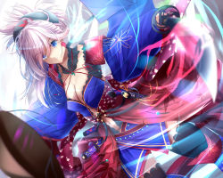 Rule 34 | 1girl, absurdres, black thighhighs, blue eyes, blurry, blurry foreground, breasts, center opening, cleavage, cowboy shot, depth of field, detached collar, dutch angle, earrings, fate/grand order, fate (series), hair over one eye, highres, holding, holding sword, holding weapon, jewelry, katana, large breasts, leaf print, legs apart, long hair, long sleeves, looking at viewer, magatama, miyamoto musashi (fate), miyamoto musashi (third ascension) (fate), navel, obi, outstretched arms, pink hair, ponytail, sash, sheath, sheathed, solo, standing, suisen-21, sword, thighhighs, unsheathed, v-shaped eyebrows, waist cape, weapon, wide sleeves
