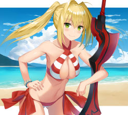 Rule 34 | 1girl, absurdres, aestus estus, ahoge, asato (fadeless), beach, bead bracelet, beads, bikini, blonde hair, blush, bracelet, breasts, closed mouth, cloud, cloudy sky, collarbone, commentary request, cowboy shot, criss-cross halter, day, fate/grand order, fate (series), gluteal fold, green eyes, hair intakes, halterneck, hand on own hip, highres, jewelry, large breasts, looking at viewer, navel, nero claudius (fate), nero claudius (fate) (all), nero claudius (swimsuit caster) (fate), planted, planted sword, planted weapon, red bikini, side-tie bikini bottom, sky, smile, solo, striped bikini, striped clothes, swimsuit, sword, twintails, water, weapon