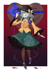 Rule 34 | black hat, black pantyhose, blood, blue footwear, bow, candy, chocolate, chocolate heart, commentary request, food, full body, green hair, green nails, hair over one eye, hat, hat bow, heart, high heels, highres, holding, holding knife, knife, komeiji koishi, kuro wa shinoru, mixed-language commentary, open mouth, pantyhose, short hair, third eye, touhou, valentine, yellow bow