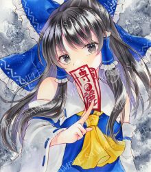 Rule 34 | 1girl, alto2019, ascot, between fingers, black eyes, black hair, blue bow, blue shirt, bow, detached sleeves, frilled bow, frilled hair tubes, frills, hair bow, hair tubes, hakurei beimu, hakurei reimu, highres, holding, marker (medium), nontraditional miko, ofuda, ofuda between fingers, sample watermark, shirt, sleeveless, sleeveless shirt, solo, touhou, traditional media, watermark, wide sleeves, yellow ascot