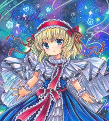 Rule 34 | 1girl, :o, alice margatroid, blonde hair, blue background, blue dress, blue eyes, blush, bow, capelet, cowboy shot, dress, hair ribbon, hairband, jewelry, looking at viewer, marker (medium), medium hair, open mouth, puppet rings, puppet strings, red bow, red hairband, red ribbon, ribbon, ring, rui (sugar3), sample watermark, solo, touhou, traditional media, watermark, white capelet, wrist cuffs