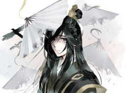 Rule 34 | 1boy, bird, black hair, black hanfu, burnt, chinese clothes, chinese commentary, closed mouth, expressionless, folding fan, grey eyes, hair bun, hair over one eye, hand fan, hanfu, long hair, looking at viewer, male focus, modao zushi, nie huaisang, portrait, shellymay, solo, tassel, xiao guan (headdress)