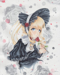 Rule 34 | absurdres, black dress, blonde hair, blue eyes, collared dress, dress, flower, frills, gloom (expression), gothic lolita, highres, hood, lolita fashion, looking at viewer, painting (medium), petals, rose, rose petals, rozen maiden, shinku, small hands, solo, traditional media, twintails, water drop, watercolor (medium), white background, yuuren kyouko