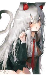 Rule 34 | 1girl, animal ear fluff, animal ears, bad id, bad pixiv id, black jacket, black skirt, blazer, blush, breasts, cat ears, cat girl, cat tail, commentary, grey hair, hair between eyes, hand up, jacket, long hair, long sleeves, looking at viewer, medium breasts, multicolored hair, nail polish, necktie, open clothes, open jacket, original, poharo, red eyes, red hair, red nails, red necktie, school uniform, shirt, simple background, skirt, solo, streaked hair, tail, tail raised, very long hair, white background, white shirt