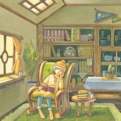 Rule 34 | ambiguous gender, beanie, blue pants, book, bookshelf, chair, cup, curtains, fish, fishbowl, hat, indoors, kumomachi, open book, original, pants, rocking chair, shadow, shoes, short hair, solo, sweater, white hair, wide shot, window, yellow footwear, yellow hat, yellow sweater
