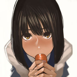 Rule 34 | 1girl, absurdres, bad id, bad pixiv id, blurry, brown eyes, brown hair, carrot, depth of field, eyelashes, face, fingernails, food, food in mouth, from above, highres, holding, holding food, looking at viewer, looking up, original, school uniform, sexually suggestive, solo, yomu (sgt epper)