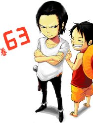 Rule 34 | 2boys, aged down, akinao, akinao (yakucha), angry, black hair, child, crocodile (one piece), crossed arms, frown, gun, handgun, happy, hat, male focus, monkey d. luffy, multiple boys, one piece, pistol, shirt, simple background, smile, straw hat, t-shirt, time paradox, weapon, white background, white shirt