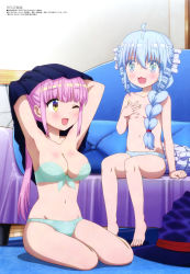 Rule 34 | 2girls, :d, absurdres, barefoot, bedroom, black dress, blue eyes, blue panties, blunt bangs, bra, braid, convenient censoring, dress, fa (rpg fudousan), feet, green bra, green panties, hair censor, hair ornament, hair over breasts, hair over one breast, hat, highres, kazairo kotone, long hair, looking at another, megami magazine, multiple girls, navel, official art, on bed, on floor, open mouth, panties, pink hair, rpg fudousan, scan, sitting, smile, stomach, tail, topless, underwear, underwear only, undressing, witch hat, yellow eyes