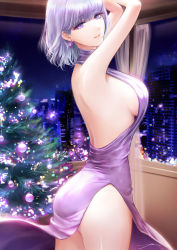 Rule 34 | 1girl, alternate costume, arms up, ass, back, backless dress, backless outfit, bare shoulders, breasts, building, christmas, christmas tree, curtains, dress, earrings, eyes visible through hair, filha, from side, girls&#039; frontline, hair behind ear, halterneck, highres, indoors, jewelry, large breasts, looking at viewer, night, night sky, purple eyes, purple hair, rpk-16 (girls&#039; frontline), short hair, side slit, sideboob, silver hair, sky, thighs, window