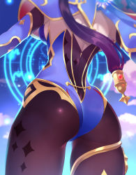 Rule 34 | 1girl, ass, ass focus, bare shoulders, blue sky, breasts, cloud, commentary request, day, detached sleeves, from behind, genshin impact, head out of frame, highres, leotard, long hair, matsumoto tomoyohi, mona (genshin impact), outdoors, pantyhose, purple hair, purple leotard, purple pantyhose, sideboob, sky, solo, thighlet