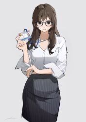 Rule 34 | 1girl, black-framed eyewear, black skirt, brown hair, commentary, glasses, grey background, high-waist skirt, highres, kimura 731, lanyard, looking at viewer, office lady, open collar, original, shirt, simple background, skirt, sleeves pushed up, solo, striped clothes, striped skirt, symbol-only commentary, vertical-striped clothes, vertical-striped skirt, white shirt