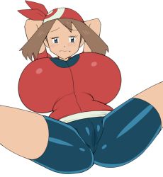 Rule 34 | 1girl, absurdres, bandana, bike shorts, blush, breasts, brown hair, cameltoe, cleavage, creatures (company), game freak, gigantic breasts, gloves, greyimpaction, highres, huge breasts, may (pokemon), nintendo, pokemon, pokemon rse, pussy juice, pussy juice stain, short hair, short sleeves, shorts, skirt, solo, spread legs, white skirt