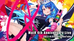 Rule 34 | 1girl, :p, alive musix, announcement, artist request, black corset, black footwear, blue hair, blue nails, blurry, boots, bow, bowtie, bracelet, breasts, buttons, corset, cross-laced clothes, cross-laced top, crown, depth of field, fingernails, floating hair, highres, holding, holding marker, jewelry, legs together, long hair, mair (alive musix), marker, multicolored background, multicolored clothes, multicolored skirt, nail polish, paint splatter, pleated skirt, promotional art, purple bow, purple bowtie, red eyes, second-party source, single fishnet legwear, skirt, solo, star (symbol), thigh strap, tongue, tongue out, virtual youtuber