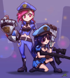 Rule 34 | 2girls, :t, badge, black eyes, blue hair, boots, breast tattoo, caitlyn (league of legends), coffee cup, cuffs, cup, disposable cup, doughnut, eating, fingerless gloves, food, food bite, gloves, gun, handcuffs, hat, highres, league of legends, midriff, multiple girls, navel, officer caitlyn, officer vi, phantom ix row, pink eyes, pink hair, police, police hat, police uniform, policewoman, rifle, simple background, sniper rifle, star (symbol), sunglasses, tattoo, uniform, vi (league of legends), weapon