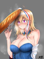 Rule 34 | 1girl, @ @, ahoge, bad id, bad pixiv id, baguette, bare shoulders, blonde hair, blue hair, blush, bread, breasts, chauchat (girls&#039; frontline), cleavage, closed mouth, detached collar, dress, drooling, food, girls&#039; frontline, gradient background, grey background, hand up, hat, highres, large breasts, mini hat, no bra, off shoulder, ribbed dress, sexually suggestive, sidelocks, signature, simple background, skindentation, sweat, tiankong, upper body