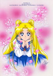 Rule 34 | 1girl, artist name, bishoujo senshi sailor moon, bishoujo senshi sailor moon s, blonde hair, blue eyes, blue skirt, bow, brooch, closed mouth, cosmic heart compact, derivative work, double bun, hair bun, itou ikuko (style), jewelry, juuban middle school uniform, long hair, looking at viewer, marco albiero, meme, official style, parted bangs, petals, pink background, red bow, school uniform, shirt, signature, skirt, smile, solo, straight-on, tsukino usagi, twintails, usagi pink challenge (meme), white shirt