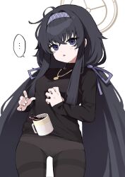 Rule 34 | ..., 1girl, :&lt;, bags under eyes, black sweater, blue archive, blue eyes, blue hairband, blue ribbon, breasts, coffee, coffee mug, commentary request, crossed bangs, cup, dropping, gold necklace, hair between eyes, hair intakes, hair ribbon, hairband, halo, highres, jewelry, loah 66, long hair, low twintails, messy hair, mug, necklace, no pants, open mouth, panties, panties under pantyhose, pantyhose, ribbon, simple background, sleeves past wrists, small breasts, solo, speech bubble, spoken ellipsis, standing, surprised, sweatdrop, sweater, thigh gap, thighband pantyhose, turtleneck, turtleneck sweater, twintails, ui (blue archive), underwear, very long hair, white background