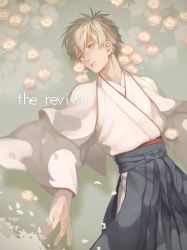 Rule 34 | 1boy, afloat, blonde hair, blue skirt, english text, expressionless, flower, from above, hakama, hakama skirt, hip vent, japanese clothes, kimono, long sleeves, lying, male focus, on back, original, parted lips, partially submerged, petals, seishun arinko, skirt, solo, text focus, water, white hair