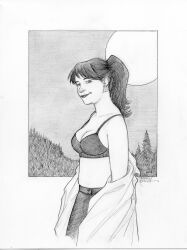Rule 34 | 1girl, bra, breasts, commentary, english commentary, greyscale, medium breasts, midriff, monochrome, original, outdoors, ponytail, signature, sketch, smile, solo, terrymooreart, traditional media, underwear, undressing, upper body, western comics (style)