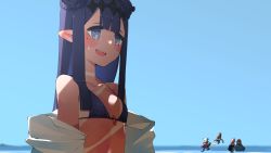 Rule 34 | 5girls, absurdres, bare shoulders, beach, bikini, black bikini, blue eyes, blue sky, blunt bangs, blush, braid, braided bangs, breasts, commentary, double bun, embarrassed, english commentary, fang, from side, hair bun, halterneck, headpiece, highres, hololive, hololive english, jacket, jacket partially removed, long hair, mole, mole under eye, multiple girls, ninomae ina&#039;nis, o-ring, o-ring bikini, ocean, official alternate hairstyle, pointy ears, purple hair, sidelocks, sky, small breasts, solo focus, string bikini, sweatdrop, swimsuit, tan, tanline, upper body, very long hair, virtual youtuber, zaniaii
