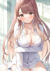 Rule 34 | 1girl, arm under breasts, bed sheet, blush, breasts, brown eyes, brown hair, cleavage, closed mouth, collarbone, commentary request, dress shirt, highres, large breasts, long hair, looking at viewer, on bed, original, oryo (oryo04), shirt, sidelocks, sitting, smile, solo, white shirt, window