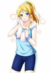 Rule 34 | 10s, 1girl, 7nanappe, ayase eli, bike shorts, blonde hair, blue eyes, blush, hair ornament, hairclip, highres, long hair, love live!, love live! school idol festival, love live! school idol project, ponytail, scrunchie, shirt, simple background, smile, solo, t-shirt, towel, white background, wiping face