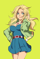 Rule 34 | 1girl, blonde hair, blue eyes, breasts, cleavage, coat, commentary request, dress, emilia (saga frontier), highres, jewelry, kanikame, long hair, necklace, saga, saga frontier, smile, solo