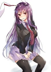 Rule 34 | 1girl, animal ears, asuzemu, black thighhighs, blouse, blush, breasts, buttons, collared shirt, hair between eyes, large breasts, long hair, long sleeves, looking at viewer, medium skirt, miniskirt, necktie, parted lips, pleated skirt, purple hair, rabbit ears, rabbit girl, rabbit tail, red eyes, red necktie, reisen udongein inaba, shirt, simple background, sitting, skirt, smile, solo, tail, thighhighs, touhou, very long hair, white background, white shirt, zettai ryouiki