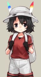 Rule 34 | 10s, 1girl, backpack, bag, black eyes, black gloves, black hair, bucket hat, clenched hands, cowboy shot, gloves, hat, hat feather, highres, kaban (kemono friends), kemono friends, looking at viewer, mikan (ama no hakoniwa), red shirt, scratches, shirt, short hair, shorts, simple background, sketch, smile, solo