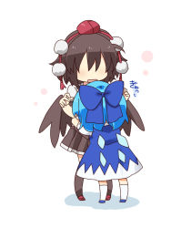 Rule 34 | 2girls, black hair, black skirt, black wings, blue bow, blue dress, blue hair, bow, cirno, commentary request, dress, hat, highres, hug, ice, ice wings, multiple girls, open mouth, pom pom (clothes), puffy short sleeves, puffy sleeves, shameimaru aya, shirt, short hair, short sleeves, simple background, skirt, socks, tokin hat, totoharu (kujirai minato), touhou, translation request, white shirt, wings