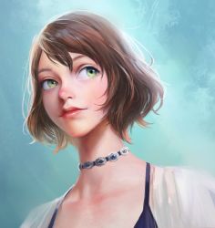 Rule 34 | 1girl, blue background, choker, closed mouth, commentary request, eyelashes, green eyes, hair between eyes, highres, light smile, lips, looking to the side, nababa, nose, original, portrait, realistic, red lips, shirt, shirt straps, short hair, solo, standing, upper body, white shirt