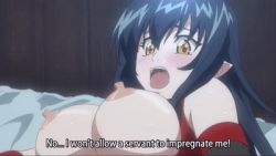Rule 34 | 1girl, animated, animated gif, annerose vajra, bed, black hair, blush, bouncing breasts, breasts, covered erect nipples, koutetsu no majo anneroze, large breasts, long hair, lowres, nipples, pointy ears, screencap, subtitled, text focus