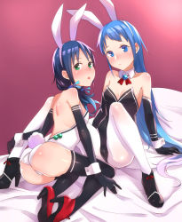 Rule 34 | 10s, 2girls, animal ears, ankle boots, ass, bad id, bad pixiv id, bare back, bare shoulders, black gloves, black legwear, blue eyes, blue hair, blush, boots, rabbit ears, playboy bunny, detached sleeves, elbow gloves, fake animal ears, gloves, green eyes, high heel boots, high heels, highres, kantai collection, kyuuso inukami, long hair, looking at viewer, multiple girls, pantyhose, samidare (kancolle), shoe soles, suzukaze (kancolle), thighhighs, white legwear