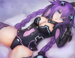 Rule 34 | 1girl, blue eyes, blush, braid, breasts, cleavage, covered navel, from behind, hair ornament, leotard, long hair, lying, medium breasts, neptune (series), on back, open mouth, power symbol, power symbol-shaped pupils, purple hair, purple heart (neptunia), solo, spread legs, suterisu, symbol-shaped pupils, thighhighs, twin braids, very long hair