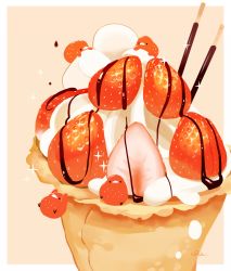 Rule 34 | bird, chai (drawingchisanne), chocolate, chocolate syrup, commentary request, cream, crepe, dessert, food, food focus, fruit, looking at viewer, marshmallow, no humans, on food, original, pocky, signature, simple background, sitting on food, sparkle, strawberry, undersized animal, whipped cream