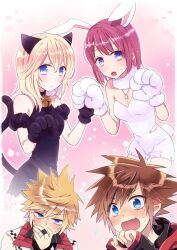 2boys 2girls alternate_costume animal_ears animal_hands anoko_(darenokoanoko) bell blonde_hair blue_eyes blush brown_hair cat_ears cat_tail closed_mouth commentary_request covering_own_mouth fake_animal_ears fake_tail fang fur_collar gloves hair_between_eyes hand_on_own_face jewelry jingle_bell kairi_(kingdom_hearts) kingdom_hearts kingdom_hearts_iii long_hair looking_at_another looking_at_viewer multiple_boys multiple_girls namine neck_bell necklace open_mouth paw_gloves pointy_hair rabbit_ears rabbit_tail red_hair ring roxas short_hair sora_(kingdom_hearts) sweatdrop tail