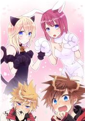 Rule 34 | 2boys, 2girls, alternate costume, animal ears, animal hands, anoko (darenokoanoko), bell, blonde hair, blue eyes, blush, brown hair, cat ears, cat tail, closed mouth, commentary request, covering own mouth, fake animal ears, fake tail, fang, fur collar, gloves, hair between eyes, hand on own face, jewelry, jingle bell, kairi (kingdom hearts), kingdom hearts, kingdom hearts iii, long hair, looking at another, looking at viewer, multiple boys, multiple girls, namine, neck bell, necklace, open mouth, paw gloves, pointy hair, rabbit ears, rabbit tail, red hair, ring, roxas, short hair, sora (kingdom hearts), sweatdrop, tail