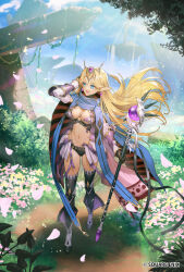 Rule 34 | 1girl, absurdres, blonde hair, blue eyes, breasts, cape, chyko, cloud, earrings, elf, esper (saga 2), floating island, flower, full body, gloves, highres, holding, holding staff, jewelry, long hair, medium breasts, navel, official art, open mouth, pointy ears, romancing saga re;universe, saga, saga 2, smile, solo, square enix, staff