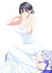 Rule 34 | 1girl, absurdres, artist name, bare shoulders, blue eyes, blue ribbon, blush, bouquet, breasts, bride, cleavage, commentary, covered navel, daidai gege, dress, flower, footwear ribbon, hair between eyes, hair bun, high heels, highres, jewelry, large breasts, looking at viewer, necklace, original, ribbon, simple background, single hair bun, sitting, smile, solo, wedding dress, white background, white dress, yokozuwari