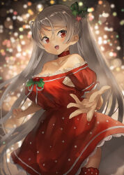 Rule 34 | 1girl, bad anatomy, bad proportions, blush, breasts, brown eyes, choker, christmas, christmas lights, commentary request, conte di cavour (kancolle), cowboy shot, dress, foreshortening, grey hair, kantai collection, large breasts, long hair, open mouth, red choker, red dress, red thighhighs, smile, solo, thighhighs, toka (marchlizard)