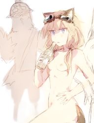 Rule 34 | 1girl, animal ears, bad id, bad twitter id, blonde hair, blue eyes, bottle, breasts, carla j. luksic, cat ears, cat tail, collarbone, goggles, goggles on head, holding, long hair, nipples, nude, ohashi (hashidate), open mouth, small breasts, solo, strike witches, tail, twintails, world witches series