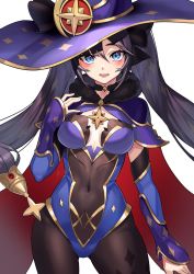 Rule 34 | 1girl, black hair, blue eyes, blue leotard, bodystocking, bodysuit, bodysuit under clothes, cape, commentary request, covered navel, genshin impact, hat, hat ornament, highres, leotard, long hair, mona (genshin impact), pantyhose, purple hat, solo, standing, twintails, white background, witch hat, wizard hat, yamanokami eaka