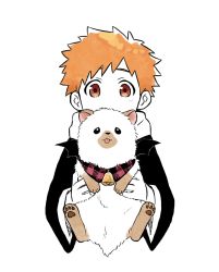 Rule 34 | 1boy, animal, bleach, brown eyes, burn the witch, choko egg, crossover, dog, highres, holding, holding animal, holding dog, japanese clothes, kurosaki kazui, long sleeves, looking at viewer, male focus, orange hair, osushi (burn the witch), short hair, solo, upper body