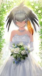 Rule 34 | 1girl, alternate costume, bare shoulders, blurry, blurry background, blush, bouquet, bridal veil, bride, commentary, dress, earrings, elbow gloves, flower, gloves, green eyes, grey hair, guchico, hair between eyes, hair ornament, hairclip, head wings, holding, holding bouquet, japari symbol, jewelry, kemono friends, looking at viewer, multicolored hair, necklace, orange hair, shoebill (kemono friends), short hair, signature, single sidelock, solo, strapless, tiara, two-tone hair, v-shaped eyebrows, veil, wedding dress, white dress, white gloves, wings