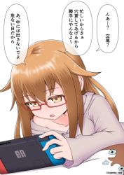 Rule 34 | 1girl, alternate costume, bokukawauso, brown eyes, brown hair, commentary request, cypress, grey sweater, handheld game console, holding, holding handheld game console, kantai collection, long hair, mochizuki (kancolle), nintendo switch, red-framed eyewear, sleepwear, solo, sweater, translation request, upper body