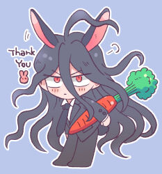 1boy animal_ears black_hair black_jacket black_necktie black_pants blush carrot chibi collared_shirt danganronpa_(series) danganronpa_2:_goodbye_despair hair_between_eyes holding holding_carrot jacket kamukura_izuru male_focus necktie outline pants rabbit_boy rabbit_ears rabbit_tail red_eyes shirt simple_background solo standing tail thank_you uzu_(uzusio55) white_outline white_shirt